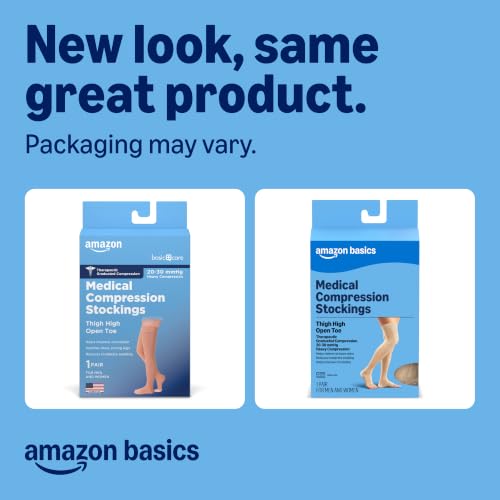 Image of Amazon Basics Medical Compression Stockings, Women & Men, Beige, Small | 20-30 mmHg Support, Thigh Length Hose, Open Toe, Previously Amazon Basic Care