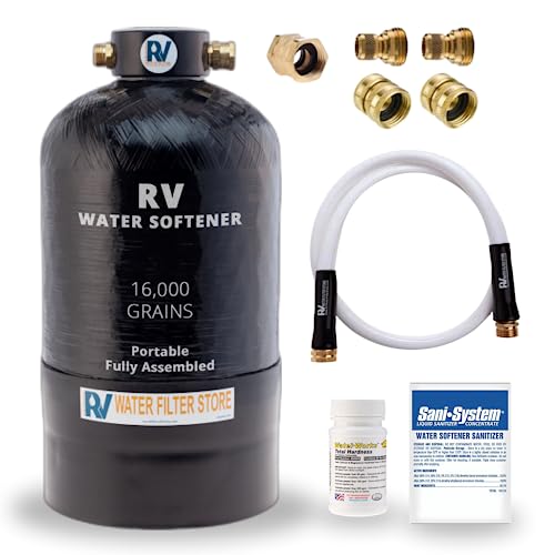Essential RV Water Softener Portable 16,000 Grain w 4ft Hose, 3/4" Fittings, 2X Sets of Quick Connects, 1X Sani System, Softens Hard Water Prefilled NSF Resin