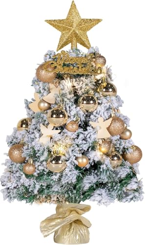 NALONE Mini albero di Natale con illuminazione LED da tavolo e timer, 24 pollici neve floccata piccolo albero di Natale con 27 pezzi di ornamenti, 90 punte di rami albero di Natale da tavolo (dorato)