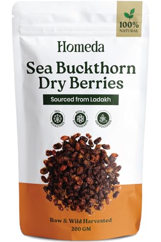 Image of Homeda Sea Buckthorn Berry Dry (200g) Organic Seabuckthorn Berries Original Dried - With Vitamins, Antioxidants, Omega 3 6 7 & 9 | Himalyan See Buck Thorn Plant | Pure Leh Seabuck Berry - Pack of 2