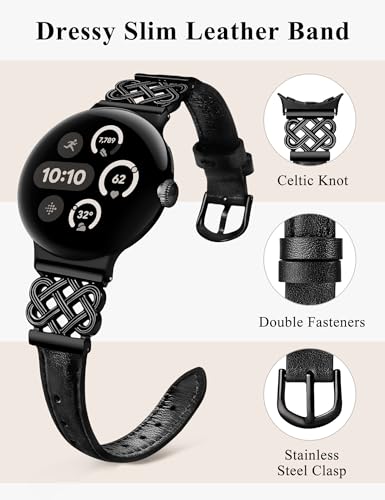Image of TOYOUTHS Slim Leather Band Compatible with Google Pixel Watch 4 3 41mm /Pixel Watch 2 1 Band Women, Celtic Metal Dressy Thin Fashion Designer Premium Leather Strap for Google 4 3 2 1 Smartwatch