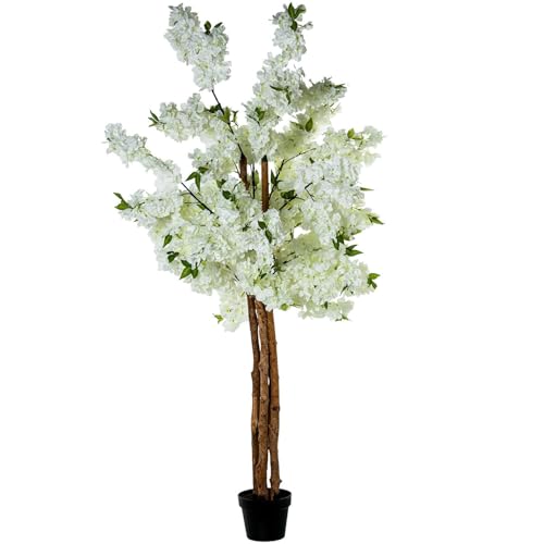 Künstliche Pflanze eines Kirschbaums mit 4 Stämmen aus PVC in Weiß, 180 x 30 x 30 cm