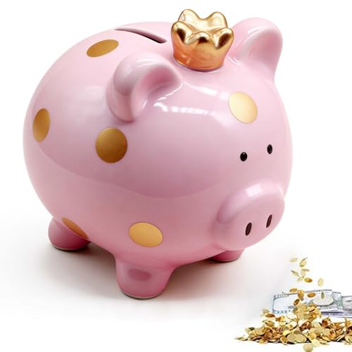 Salvadanaio per bambini, salvadanaio a forma di maialino portafortuna, in ceramica, piccolo 11,8 x 14 x 13,2 cm, motivo principessa, corona per ragazzi, ragazze, adulti, idea regalo (rosa)