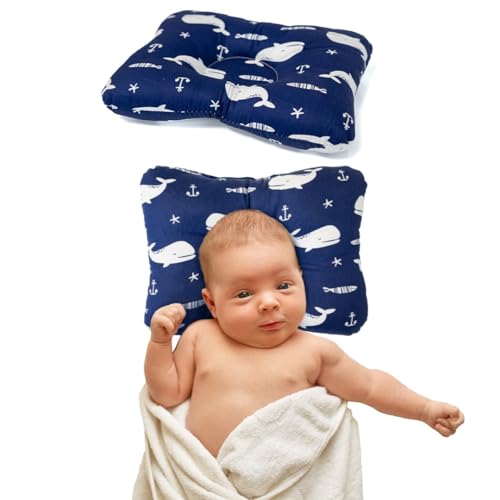 Cojín antivuelco de Tela 100% algodón Suave y Transpirable: Pequeño y Fácil de Transportar, Cojines Infantiles para Cuna, Carrito, Viaje, decoración habitación. (Ballenas)