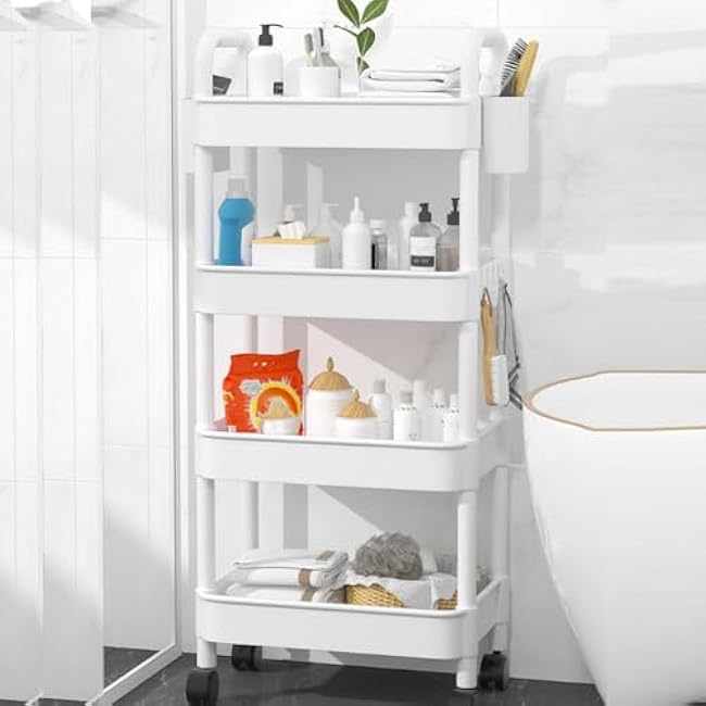 2PCS 5-Tier Plastic Rolling Cart with Handle,Utility Cart on Wheels,Kitchen Cart,Rolling Storage Cart,Multifunctional Storage Organizer for Office,Bathroom,Living Room,Kitchen (2-White)-9GCQxHVa