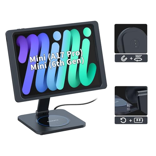 EMONITA Foldable Magnetic Stand with Charging Case A6 for iPad mini (A17 Pro, A15 Bionic) 8.3-Inch. Strong Magnets, 360 Rotation, 90 Tilt, 45W Fast Charger Adapter USB C Cable Included