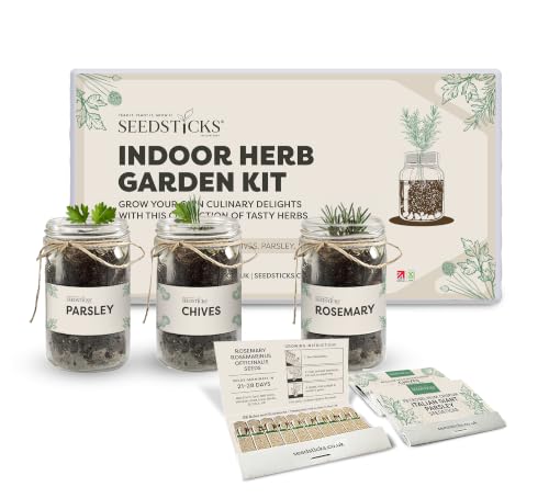 Seedsticks Indoor Herb Garden Kit - Grow Your Own Parsley Chives & Rosemary - Kitchen Herb Growing Kit with 3 Glass Jars Soil Pellets & Seedsticks - Easy Indoor Herb Planter Gift
