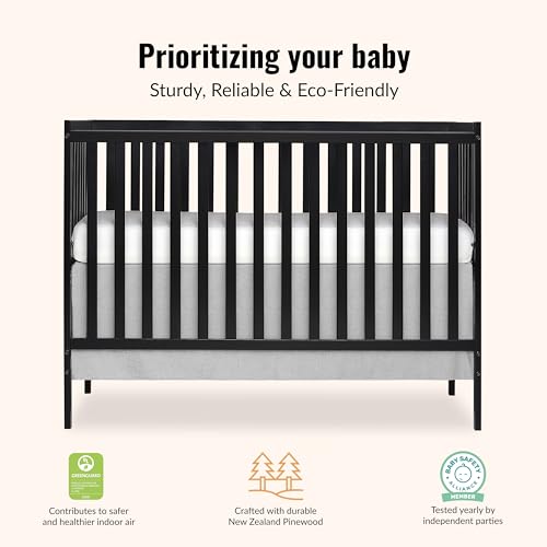 Dream On Me Synergy 5-in-1 Convertible Full-Size Baby Crib with Toddler, Day & Full Bed Conversion in Black, GreenGuard Gold & JPMA, 3 Mattress Heights, Sustainable Pinewood