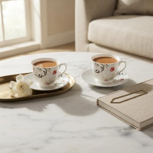 Image of Dandy Lines Classic Blossom Bliss Cup and Saucer, Cups + Saucers, Luxury Tea Cups for 6, Ceramic, Pack of 12, Microwave & Dishwasher Safe, Great for Hosting & Gifting