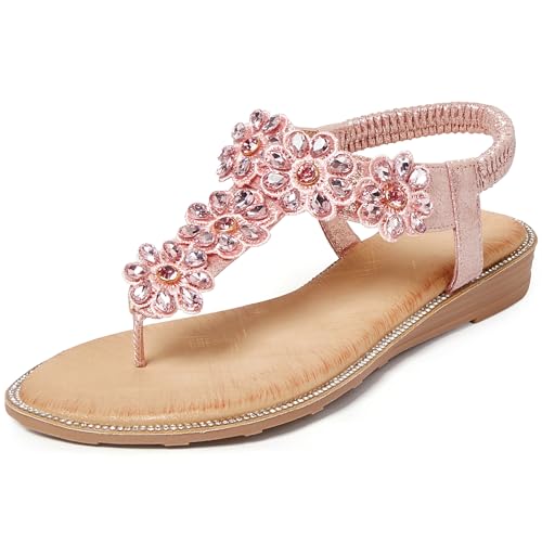 Image of iCKER Women Flat Thong Sandals Rhinestone Sparkly Boho Elastic Ankle Strap | Elastic ankle strap,non‑slip,matches summer dresses,for vacation,wedding,evening and festival