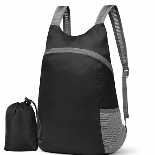 Mochila Dobrável Ultra Leve 20L para Viagem, Trilhas e Uso Diário - Compacta, Resistente à Água, Unissex, Preta em Poliéster Reforçado