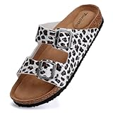 Torotto Womens Slides with Cork Footbed Open Toe Adjustable Webbing Flat Sandals for Walking | Beach | Indoor(Leopard print/White,39)