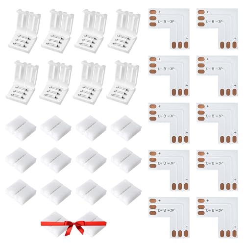 JACKYLED 8mm 3-Pin LED Connectors for LED Strip Lights, Total 22Pcs Corner Connectors Kit for Unwired Gapless Solderless Adapter Extension - 8mm 3pin 10 Pack