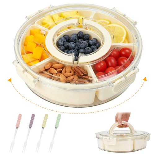 Zithgen Caja de Aperitivos con 6 Compartimentos, Snack Box Redonda Bandeja de Aperitivos con Tapa Caja de Snacks Redonda Giratoria Bandeja Dividida Portátil con 4 Tenedores de Fruta para Dulces Frutas