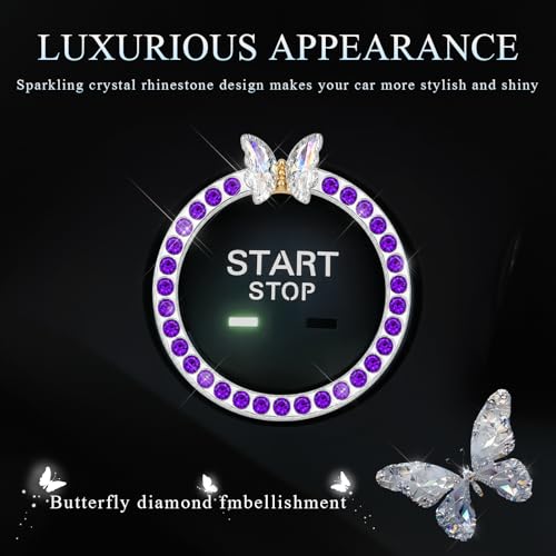 Image of DXNQ 2PCS Bling Ring Emblem, Sparkling Butterfly Car Buttons and Knobs Ring, Girly Butterfly Diamond Car Engine Start Button Cover, Key Ignition Knob Rings Decoration for Women (Purple, Single Row)