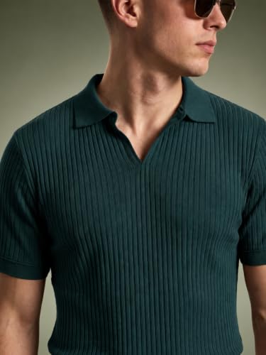 Image of Veirdo Men's Rib Knit Polo T-Shirt in Cotton Fabric, Classic Collar with Modern Fit, Stylish for Casual Wear, Available in Sizes S to 2XL