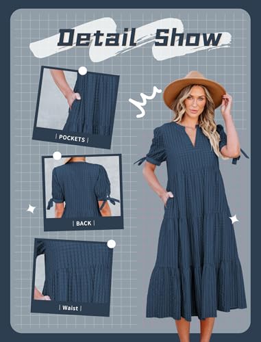 Theenkoln Womens Casual Midi Dress: Short Sleeve V-Neck Empire Waist Gingham Spring Fashion Long Trendy Tiered Formal Dresses2
