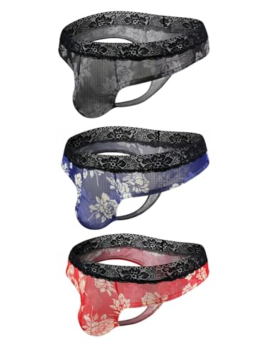 Men's Lace Thong Sexy Allure Underwear Low Rise T-Back 3 Pack