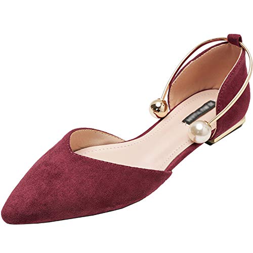 Jamron Mujer Dedo Punteado Terciopelo Bailarinas Elegante D'orsay Pumps Plano Zapatos de Vestir Borgoña SN02800 EU36