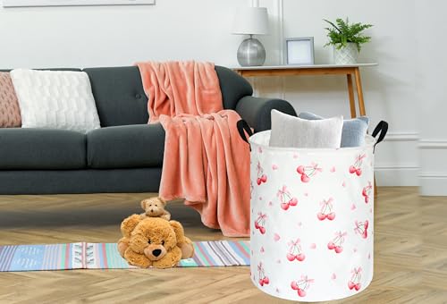 Image of Cherry Print Round Laundry Hamper Storage Basket Bins Clothes Nursery Hamper for Home, Gift Storage Bins with Handles