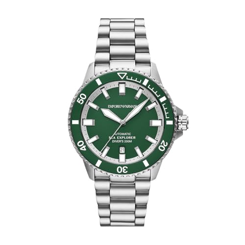 Emporio Armani Montre Homme, Mouvement Automatique Trois Aiguilles Date et Boîtier 42 mm avec bracelet en acier inoxydable ou silicone, Ton argent et vert...