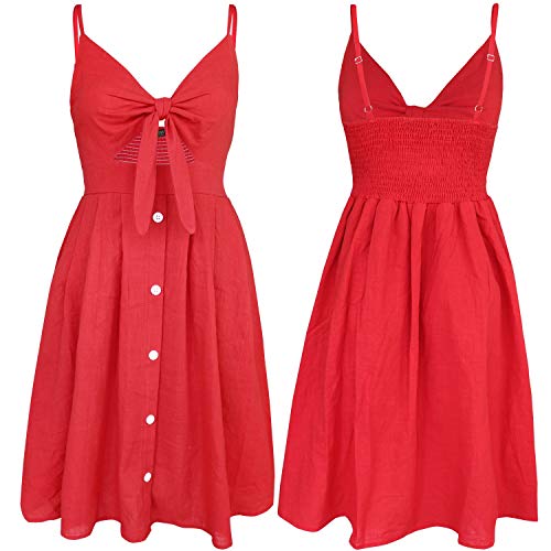 Image of FANCYINN Womens Tie Front Button Down A-Line Dresses Summer Spaghetti Strap Midi Dress Floral Prints