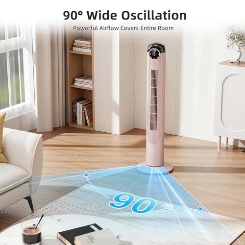 Image of Antarctic Star T42 Tower Fan-42 Inch, Bladeless Oscillating Fan with Remote, 6 Speeds & 4 Modes, LED Display, 9H Timer, Quiet Floor Standing Fan for Bedroom Living Room Office, Pink