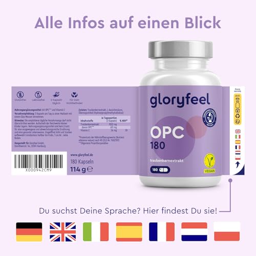 OPC Traubenkernextrakt Kapseln - 1052mg Extrakt PLUS Vitamin C pro Tagesdosis - Original französische Weintrauben - 180 vegane Tabletten - Unabhängig laborgeprüft
