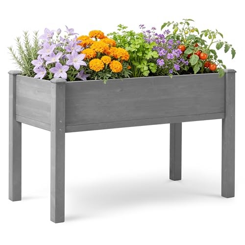 SoliWood Raised Garden Bed with Legs, 48x24x30'', Outdoor Wood Elevated Planter Box, Grey Cedar, Thick Legs, w/Liner
