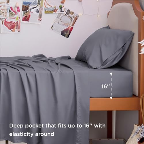 Image of Bedsure Cooling Sheets Twin XL, Rayon Derived from Bamboo, PureWoven, Breathable & Soft Twin XL Sheet Sets, Deep Pocket Up to 16 inch, Hotel Luxury Silky Dorm Bedding for Hot Sleepers, Dark Grey
