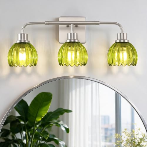 Image of Ralbay Vintage Vanity Lights Bathroom Light Fixture Over Mirror for Bath Brushed Nickel Modern Wall Sconces with Green Crystal Glass Shade for Bedroom,Living Room,Hallway(3-Light)