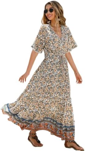 R.Vivimos Womens Summer V Neck Floral Print Boho Midi Dress