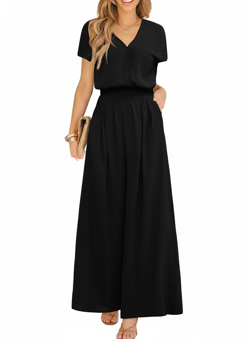 CUPSHE Damen Jumpsuit V-Ausschnitt Kurzarm Overall Weites Bein Elastischer Bund Sommer Elegant Playsuit mit Taschen