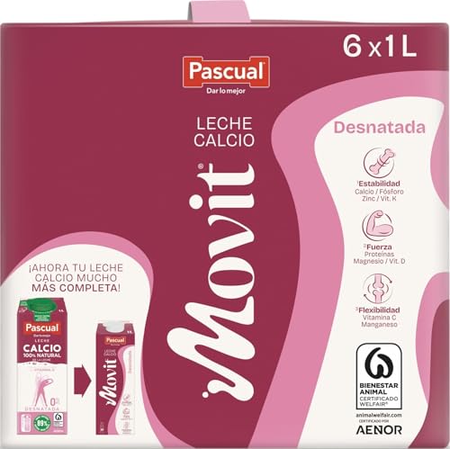 Leche Pascual - Leche Desnatada Pascual Movit con Calcio - Bienestar Animal - Pack 6 x 1L - Ideal para niños y adultos, Producto Natural y Saludable