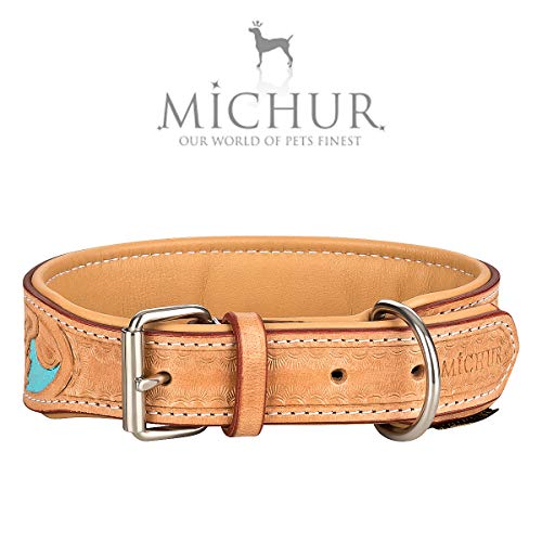 MICHUR Mariano Hundehalsband Leder, Lederhalsband Hund, Halsband, Beige Blau Braun, Leder, mit gestanzten blumigen Mustern, Halsumfang 35-43cm / Gesamtlänge 50cm