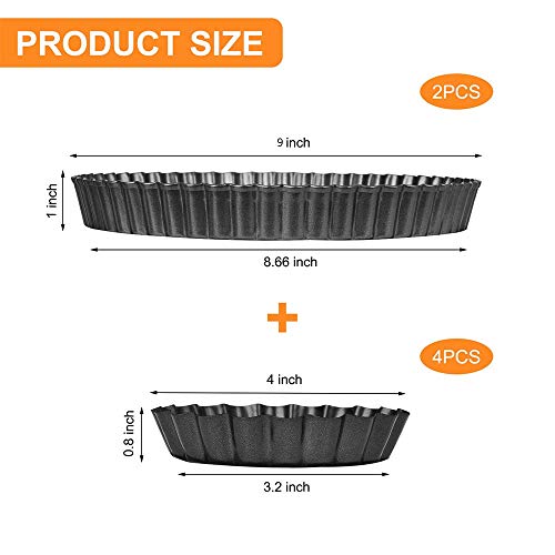 9 Inch and 4 Inch Tart Pan with Removable Bottom, 2 PCS 9 Inch Quiche Pan and 4 PCS 4 Inch Pie Pan, Non-Stick Baking Pan (Set of 6)