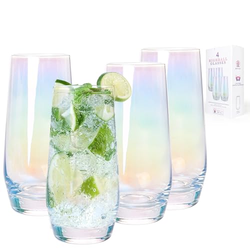 Swetwiny Colorful Highball Glasses 18.5 Ounce Iridescent Glassware Set of 4 Lead-Free Crystal Glassware for Mixed Drinks Juice Cocktail Gift Package (Colorful)