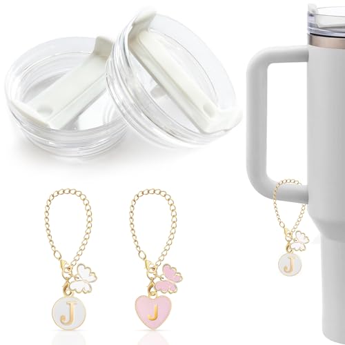 2 Pack Replacement Lids for 40 oz Stanley Tumbler, Spill-Proof & Splash-Resistant Clear Tumbler Covers with Straw Opening + Sliding Button, Includes Tumbler Charms for Personalization (J)