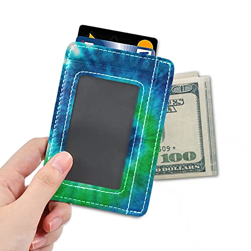Green Blue White Spiral Tie Dye Abstract Hippie Pattern Slim Minimalist Wallet, Front Pocket RFID Leather Blocking Card Holder Case for Men Women Girls Ladies, Stylish Printing Gift4