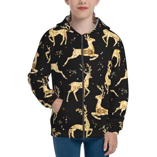 Christmas Gold Deers Kids Pullover Hoodies Boys Zip Up Sweatshirts Girls Athletic Clothes with Pocket3