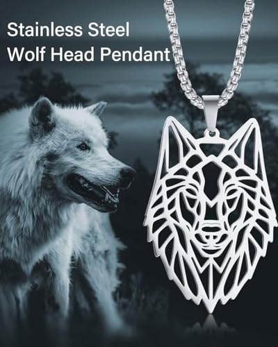 AORHOFJ Wolf Halskette mit verstellbarer Gliederkette Edelstahl rund Anhänger，wolf kette，wolf anhänger，wolf halskette，animal necklace，kette jungs，kette