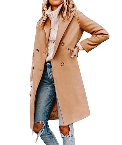 xxxiticat Women's Double Breasted Peacoat Wool Notched Lapel Trench Coat Winter Mid Length Long Jacket Overcoat