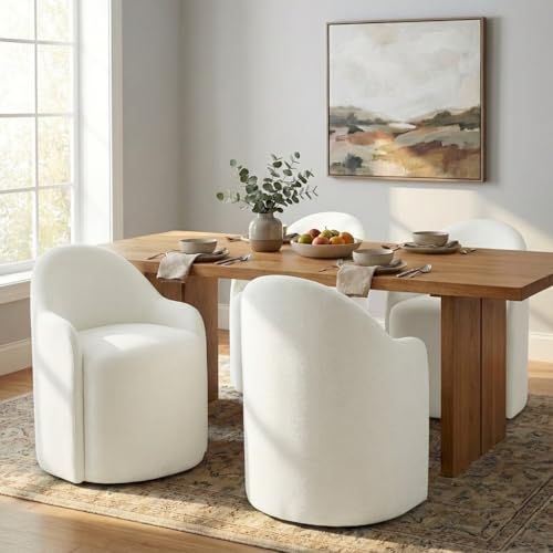 Image of KISLOT Upholstered Dining Chairs with Casters, No Assembly Modern Dining Room Chairs Accent Vanity Chair with 5 Wheels & Round Backrest for Bedroom, Living Room, Dressing, Linen Fabric, Set of 4