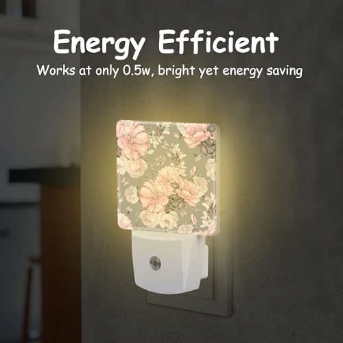 Image of Night Light Plug Wall,Pink Flowers and Grey Leaves LED Night Lights with Dusk to Dawn Light Sensor for Women Girls Boys Room Decor,Hallway,Kitchen,Bathroom,Nursery,Stairs