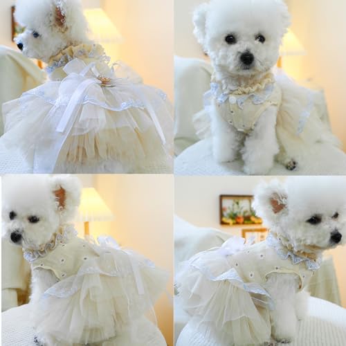 Image of HDKUW Small Dog Dress, Girl Puppy Lace Princess Skirt Tutu Dress with Bowknot,Chihuahua Yorkie Clothes Outfit for Birthday Wedding Party Beige Daisy XS