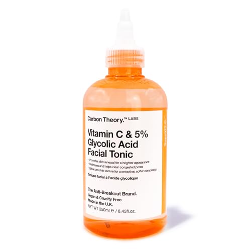 Carbon Theory Tónico facial con vitamina C SupaVIT-C - Tónico con ácido glicólico al 5% y limpiador para el control de imperfecciones facials exfoliante - Tónico facial vegano - 250 ml
