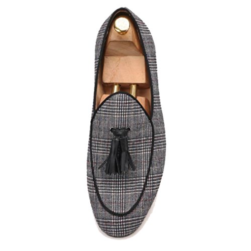 FERUCCI Handmade Men Gray Black Striped Fabric Loafer with Tassel Slippers3