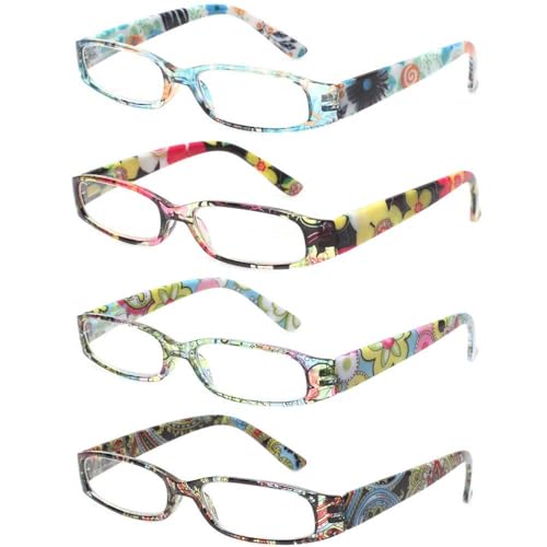 COJWIS 4 Pack Damen Lesebrille Mit Schönes Muster Brille Federscharnierleser für Frauen Reader (4 Farbe Mischen, 2.00, multiplier_x)