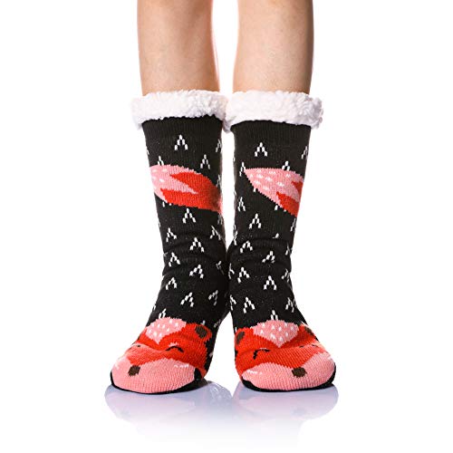 Women Winter Socks Knit Anti-Slip Sweat Warm Cute Cartoon Animals Fuzzy Home Slipper Socks (Fox-2)