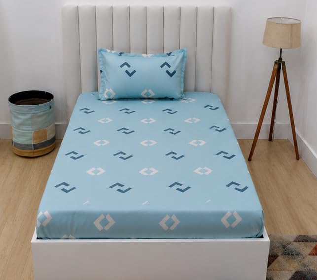 Image of RD TREND Presents Luxurious Glace Cotton Super Soft 210 TC 360 Elastic Fitted Bedsheets Single Bed Size (72 x 48 x 8 Inch) with 1 Pillow Cover Size (28 x18), Color- Aqua Tringle